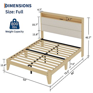 Full Size Upholstered Platform Bed with LED Headboard Shelf, Charging Station, Linen Fabric