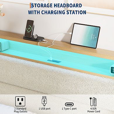 Full Size Upholstered Platform Bed with LED Headboard Shelf, Charging Station, Linen Fabric