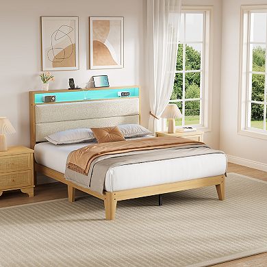 Full Size Upholstered Platform Bed with LED Headboard Shelf, Charging Station, Linen Fabric