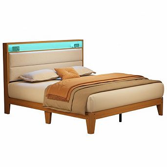 Full Size Upholstered Platform Bed with LED Headboard Shelf, Charging Station, Linen Fabric