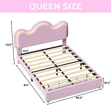 Queen Size Upholstered Platform Bed Frame, LED Lights, Petal Headboard