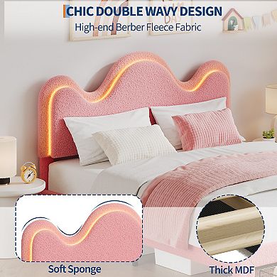 Queen Size Upholstered Platform Bed Frame, LED Lights, Petal Headboard