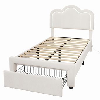 Twin Size Upholstered Platform Bed Frame, RGB LED Lights, Mountain Headboard