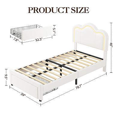 Twin Size Upholstered Platform Bed Frame, RGB LED Lights, Mountain Headboard