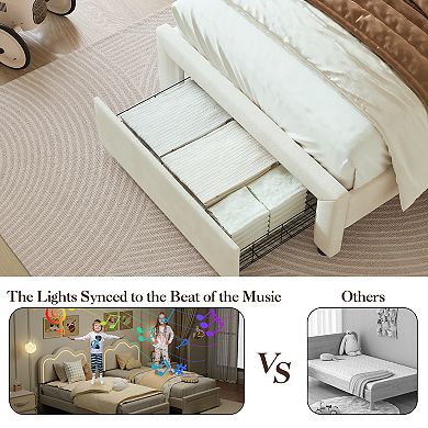 Twin Size Upholstered Platform Bed Frame, RGB LED Lights, Mountain Headboard