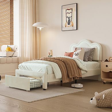 Twin Size Upholstered Platform Bed Frame, RGB LED Lights, Mountain Headboard
