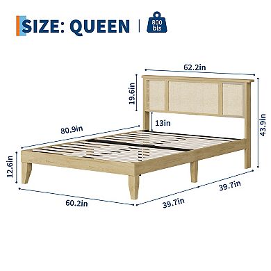 Boho Queen Platform Bed with 3 Rattan-MDF Panels, No Drawers & No Box Spring Needed