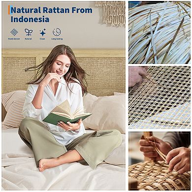 Boho Queen Platform Bed with 3 Rattan-MDF Panels, No Drawers & No Box Spring Needed