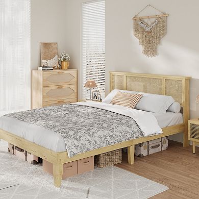 Boho Queen Platform Bed with 3 Rattan-MDF Panels, No Drawers & No Box Spring Needed
