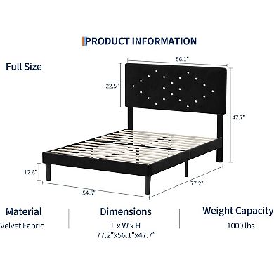 Black Full Upholstered Bed Frame with Crystal Diamond Tufted Headboard