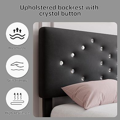Black Full Upholstered Bed Frame with Crystal Diamond Tufted Headboard