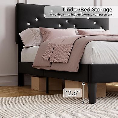 Black Full Upholstered Bed Frame with Crystal Diamond Tufted Headboard