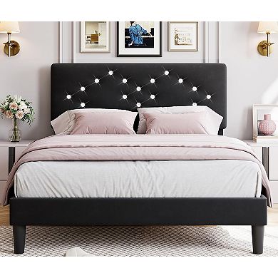 Black Full Upholstered Bed Frame with Crystal Diamond Tufted Headboard