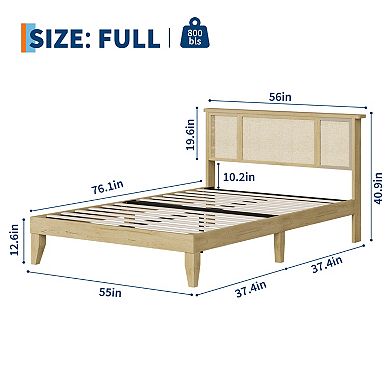 Boho Full Bed Frame with 3 Rattan-MDF Panels, No Drawers Platform Bed, No Box Spring Required