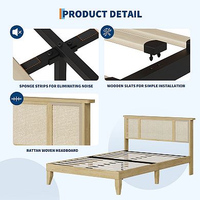 Boho Full Bed Frame with 3 Rattan-MDF Panels, No Drawers Platform Bed, No Box Spring Required