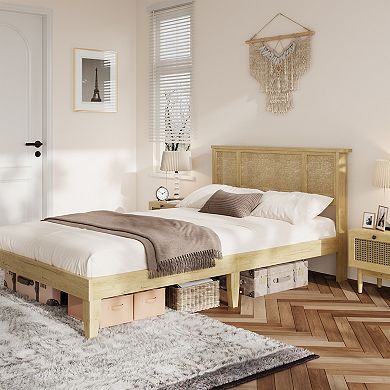 Boho Full Bed Frame with 3 Rattan-MDF Panels, No Drawers Platform Bed, No Box Spring Required
