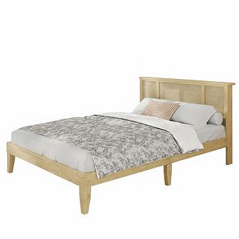 Boho Queen Bed Frame with 3 Rattan-MDF Panels & 4 Drawers,Storage Platform Bed