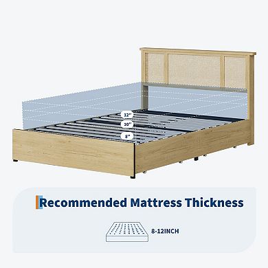 Boho Queen Bed Frame with 3 Rattan-MDF Panels & 4 Drawers,Storage Platform Bed
