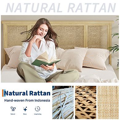 Boho Queen Bed Frame with 3 Rattan-MDF Panels & 4 Drawers,Storage Platform Bed
