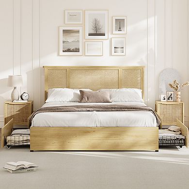 Boho Queen Bed Frame with 3 Rattan-MDF Panels & 4 Drawers,Storage Platform Bed