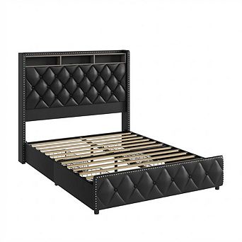 Black PU Leather Queen Bed Frame, Nailhead Wingback, LED & USB, No Drawers