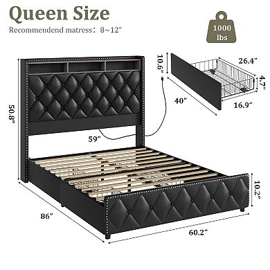 Black PU Leather Queen Bed Frame, Nailhead Wingback, LED & USB, No Drawers