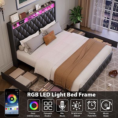 Black PU Leather Queen Bed Frame, Nailhead Wingback, LED & USB, No Drawers