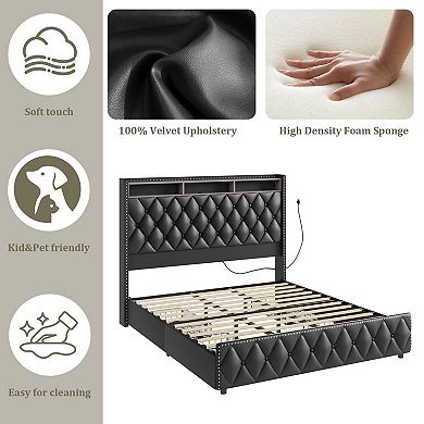 Black PU Leather Queen Bed Frame, Nailhead Wingback, LED & USB, No Drawers