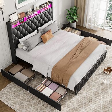 Black PU Leather Queen Bed Frame, Nailhead Wingback, LED & USB, No Drawers