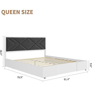 Queen Size Upholstered Bed Frame, MDF Wooden Bed with Fabric Headboard, No Box Spring