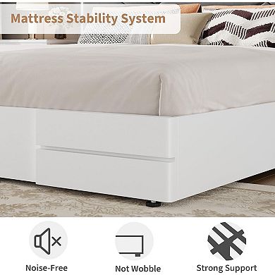 Queen Size Upholstered Bed Frame, MDF Wooden Bed with Fabric Headboard, No Box Spring