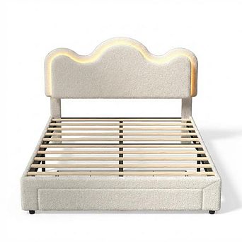 Twin Size Upholstered Platform Bed Frame, LED Lights, Petal Headboard