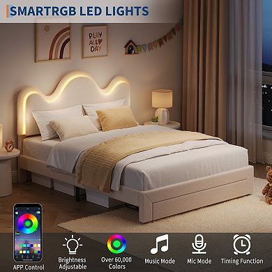 Twin Size Upholstered Platform Bed Frame, LED Lights, Petal Headboard