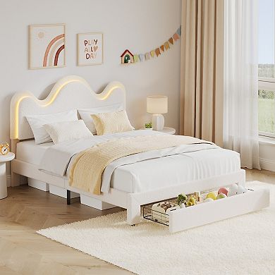 Twin Size Upholstered Platform Bed Frame, LED Lights, Petal Headboard