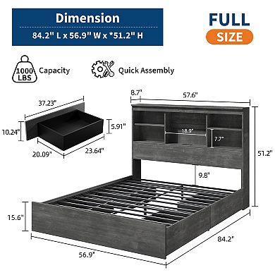 Tall Storage Bookcase Headboard Bed Frame - Full Size Platform, 4 Drawers, Built-in Charging