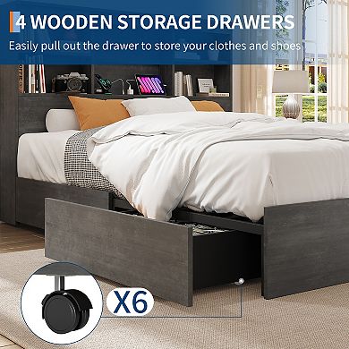 Tall Storage Bookcase Headboard Bed Frame - Full Size Platform, 4 Drawers, Built-in Charging