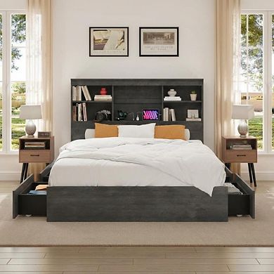 Tall Storage Bookcase Headboard Bed Frame - Full Size Platform, 4 Drawers, Built-in Charging