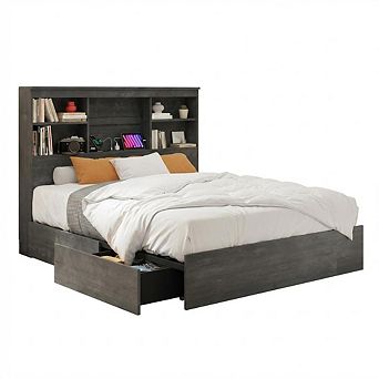 Tall Storage Bookcase Headboard Bed Frame - Full Size Platform, 4 Drawers, Built-in Charging
