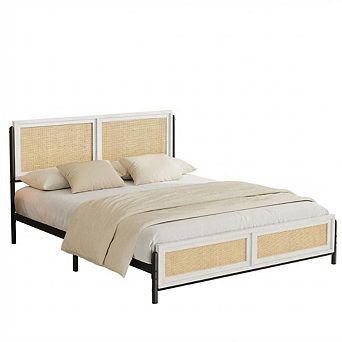 Antique White Queen Size Rattan Platform Bed, PB & Iron Structure, Boho Rattan Bed
