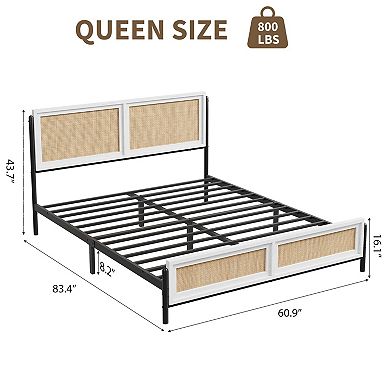 Antique White Queen Size Rattan Platform Bed, PB & Iron Structure, Boho Rattan Bed