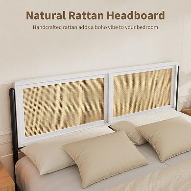 Antique White Queen Size Rattan Platform Bed, PB & Iron Structure, Boho Rattan Bed