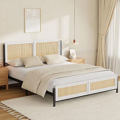 Antique White Queen Size Rattan Platform Bed, PB & Iron Structure, Boho Rattan Bed