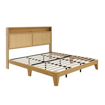 Boho Rattan Bed Frame with RGB LED Lights Natural Rattan Headboard, 2 tier Storage