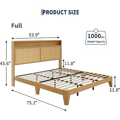 Boho Rattan Bed Frame with RGB LED Lights Natural Rattan Headboard, 2-Tier Storage