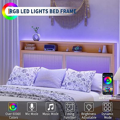 Boho Rattan Bed Frame with RGB LED Lights Natural Rattan Headboard, 2-Tier Storage