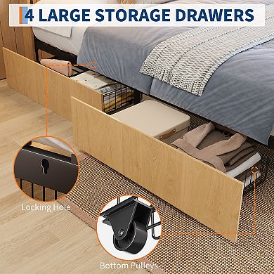 Full Size Rattan Platform Bed Frame, 4 Storage Drawers, Sturdy Support, No Box Spring Needed