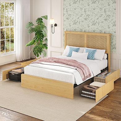 Full Size Rattan Platform Bed Frame, 4 Storage Drawers, Sturdy Support, No Box Spring Needed