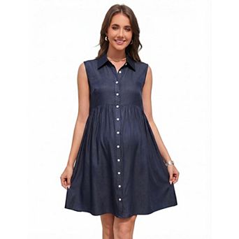 Womens Denim Maternity Dresses Button Down Babydoll Flowy Tiered Dress Casual Pregnancy Jean Dress
