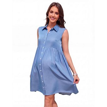 Womens Denim Maternity Dresses Button Down Babydoll Flowy Tiered Dress Casual Pregnancy Jean Dress