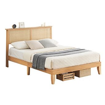 Queen Size Rattan Platform Bed Frame, RGB LED Light, Sturdy Support, No Box Spring Needed